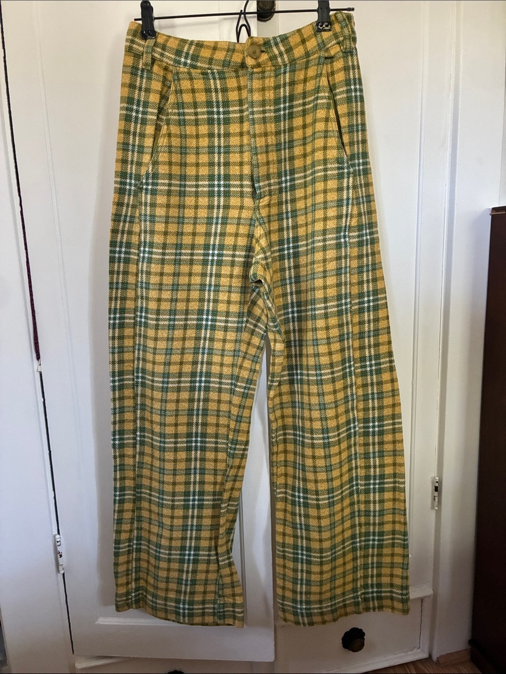 Free People Yellow and Green Plaid High-Waist Trousers